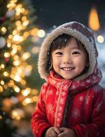 ai generatief, schattig kind in de kerstman claus kostuum Aan wazig besneeuwd Kerstmis vooravond achtergrond foto