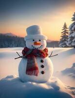 ai generatief, Kerstmis winter met sneeuwman Aan een landschap achtergrond foto