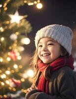 ai generatief, schattig kind in de kerstman claus kostuum Aan wazig besneeuwd Kerstmis vooravond achtergrond foto