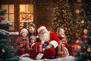 ai generatief de kerstman claus geniet wezen met kinderen Aan de gezegend Kerstmis vooravond foto