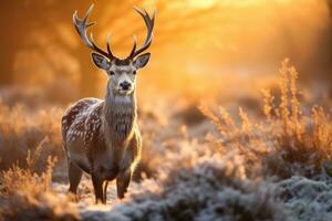 braak hert lat. dama dama in winter zonsopkomst, braak hert hert gedurende spoorvorming seizoen Bij zonsopkomst in winter, ai gegenereerd foto