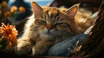 ai-gegenereerd mooi pluizig kat leugens resting in de zon foto