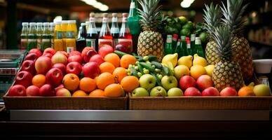 kruidenier op te slaan, supermarkt, vers fruit markt, eco voedsel - ai gegenereerd beeld foto