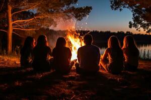 silhouet van een groep van jong mensen zittend in de omgeving van een vreugdevuur in de Woud Bij zonsondergang, vrienden zittend in voorkant van een vreugdevuur, top sectie bijgesneden, Nee zichtbaar gezichten, ai gegenereerd foto