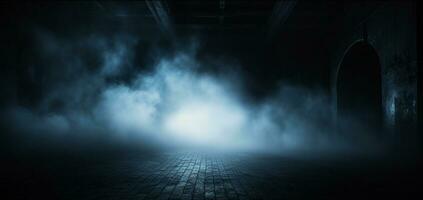 een donker kamer met rook komt eraan uit van het, nacht tafereel met mist, donker leeg plaats, generatief ai foto