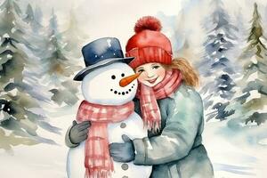 waterverf ansichtkaart met gelukkig meisje en sneeuwmannen in een besneeuwd Woud. schattig karakter foto