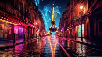 ansichtkaart met nacht Parijs, de eiffel toren, neon stijl foto