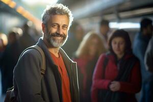 mannetje toerist staand en glimlachen Bij een trein station vol van mensen foto