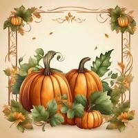 herfst achtergrond met pompoenen, bladeren en blanco papier voor tekst foto