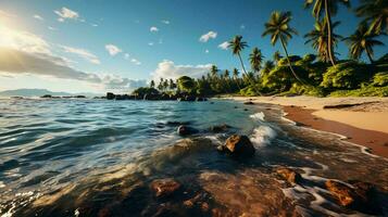 mooi tropisch paradijs zanderig strand en zee met palm bomen Bij kust toevlucht, kust vakantie concept, toerisme foto