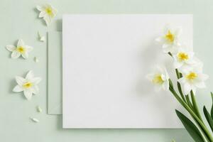 bloem decoratie. papierwit blanco kaart mockup achtergrond. ai generatief pro foto