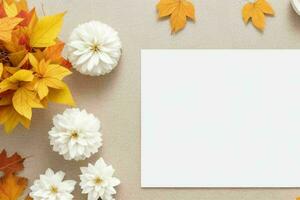 herfst decoratie. papierwit blanco kaart mockup achtergrond. ai generatief pro foto