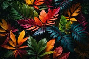 ai generatief tropisch levendig levendig kleur achtergrond met exotisch geschilderd tropisch bladeren foto