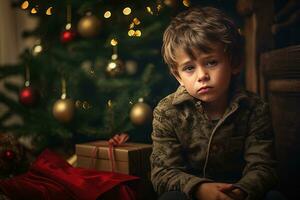 echt verdrietig weinig jongen is zittend in voorkant van een Kerstmis boom generatief ai foto