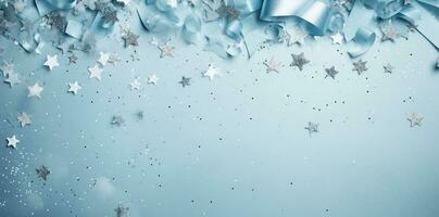 Kerstmis spandoek. achtergrond Kerstmis ontwerp van realistisch blauw cadeaus doos. horizontaal Kerstmis poster, groet kaarten, koppen, website generatief ai foto