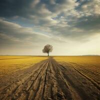 ai gegenereerd een eenzaam boom staat hoog in een Open veld, haar takken bereiken naar de lucht de uitgestrektheid van de landschap benadrukt de boom isolatie en creëert een zin van kalmte ai gegenereerd foto