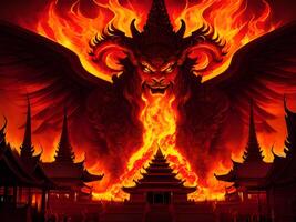 rood onheil monster hoofd met brand Aan de tempel in de achtergrond foto