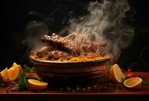 vlees Turks keuken Aan een donker achtergrond. brand en vonken, vlees en brand ai generatief foto