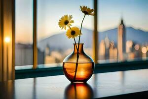zonnebloemen in een vaas Aan een tafel met een stad in de achtergrond. ai-gegenereerd foto