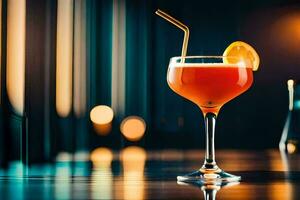 een cocktail met een oranje plak Aan de rand. ai-gegenereerd foto