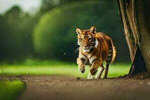een tijger rennen Aan een pad in de Woud. ai-gegenereerd foto