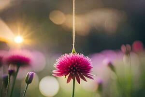 een roze bloem met een spin hangende van het. ai-gegenereerd foto