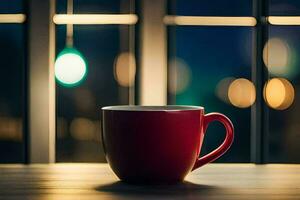 een rood koffie kop zit Aan een tafel in voorkant van een venster. ai-gegenereerd foto