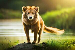 een hond staand Aan een rots door een rivier. ai-gegenereerd foto