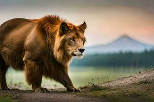 een leeuw wandelen Aan een aarde weg in de buurt een meer. ai-gegenereerd foto