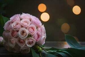 een boeket van roze rozen Aan een houten tafel. ai-gegenereerd foto