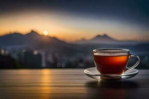 een kop van thee Aan een tafel in voorkant van een mooi zonsondergang. ai-gegenereerd foto