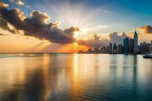 de zon stijgt over- de stad horizon in deze foto. ai-gegenereerd foto