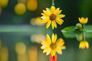 geel bloem hangende van een draad in de water. ai-gegenereerd foto