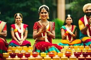 Indisch Dames in traditioneel kleding zittend Aan de grond met kaarsen. ai-gegenereerd foto