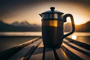 een koffie pot Aan een houten dok Bij zonsondergang. ai-gegenereerd foto