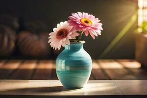 een blauw vaas met roze bloemen zittend Aan een tafel. ai-gegenereerd foto