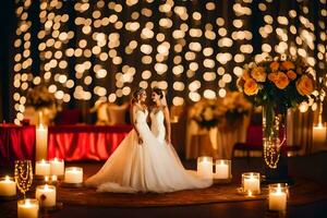 een bruid en bruidegom houding in voorkant van kaarsen en lichten. ai-gegenereerd foto