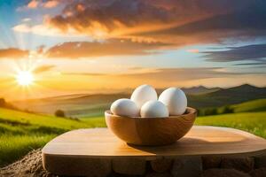 eieren in een kom Aan een tafel in de zonsondergang. ai-gegenereerd foto