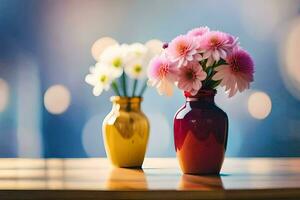 twee vazen met bloemen Aan een tafel. ai-gegenereerd foto