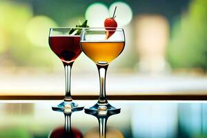 twee bril van wijn met fruit en een aardbei. ai-gegenereerd foto