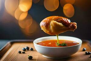 kip Vleugels in een kom van soep. ai-gegenereerd foto