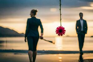 een Mens en vrouw wandelen Aan de strand met een bloem in de lucht. ai-gegenereerd foto