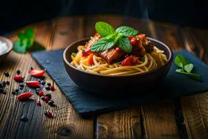 spaghetti met vlees en groenten in een kom Aan een houten tafel. ai-gegenereerd foto