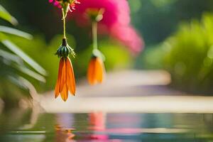 oranje bloemen hangende van een touw in de water. ai-gegenereerd foto
