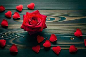 een single rood roos omringd door rood harten Aan een houten tafel. ai-gegenereerd foto