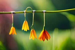 oranje bloemen hangende van een Afdeling. ai-gegenereerd foto