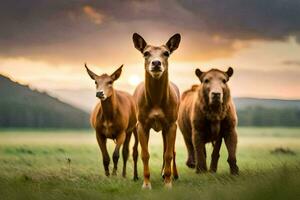 drie hert zijn staand in een veld. ai-gegenereerd foto