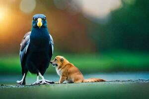 een vogel en een hond zijn staand Aan de grond. ai-gegenereerd foto