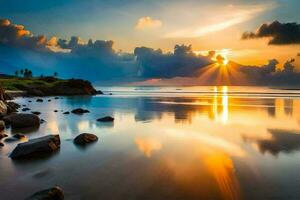 zonsondergang Aan de strand met rotsen en water. ai-gegenereerd foto