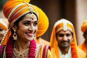 een bruid in traditioneel Indisch kleding. ai-gegenereerd foto